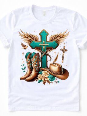 Cross Western Graphic T Shirt Trendy Boutique Style Tee Womens Gift White Tops